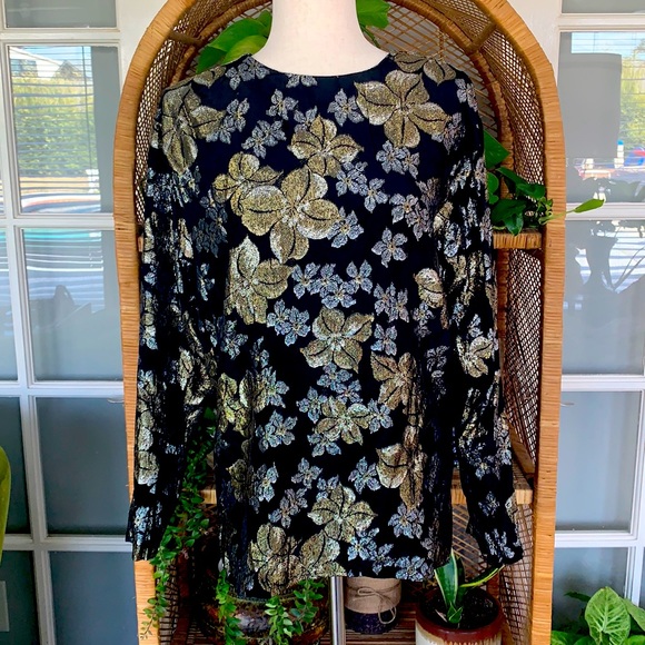 Vintage 80s Golden Gate Black Silver Lamé Metallic Gold Button-up Disco Festival Blouse Top 12 14 16